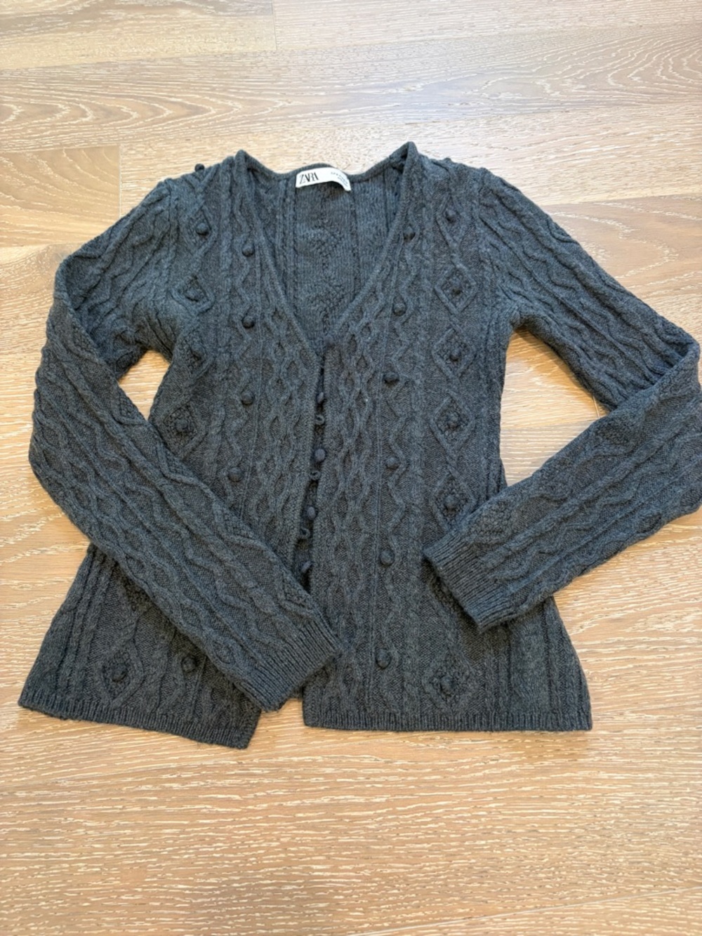 Zara Charcoal Cable-Knit Bobble Button Cardigan